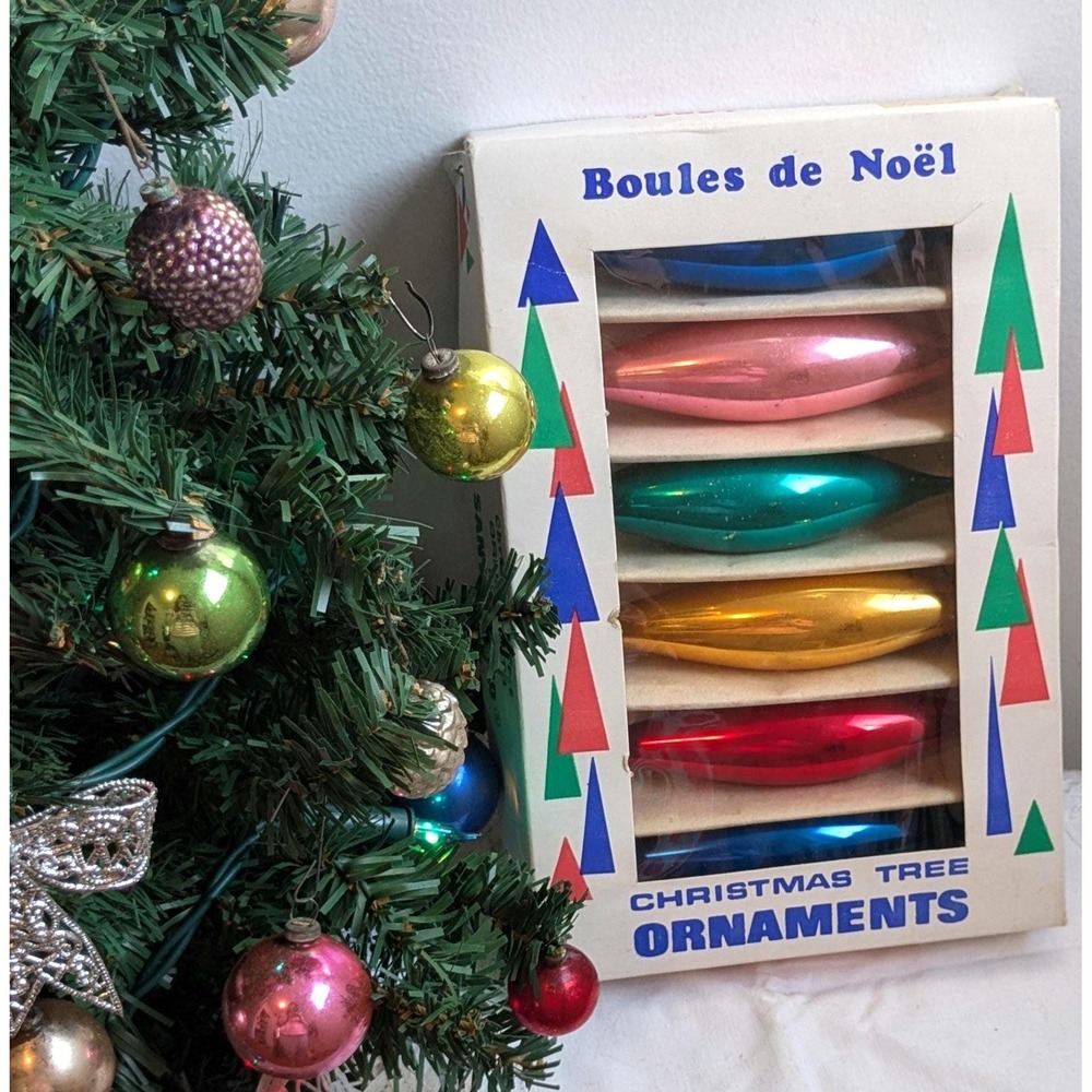 Vintage Glass Christmas Ornaments Set of 6 in Original Box, Multicolor Mercury